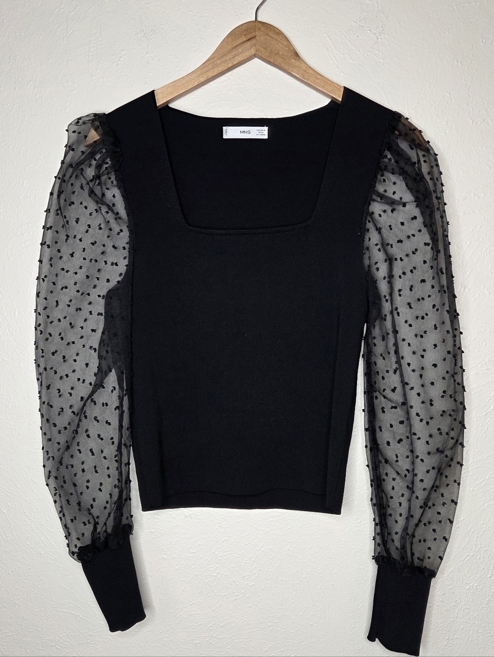 MNG Mango Black Plumeti Sheer Puff Sleeve Knit Top Swiss Dot Dark Feminine M